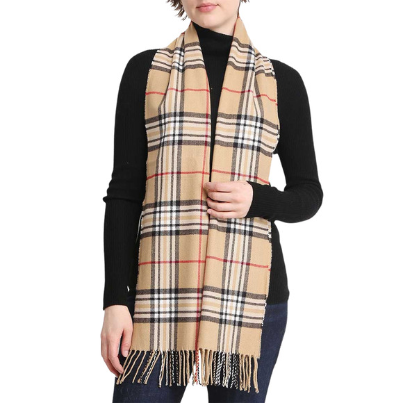 Janice Apparel Women's Faux Cashmere Scarf Classic Tan Plaid Tartan Fringe - Picture 3 of 11
